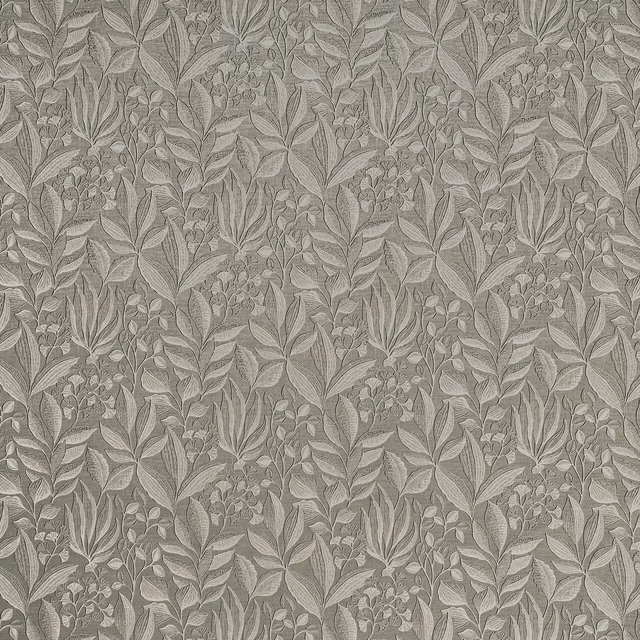 Soft pebble taupe botanical fabric with layered leaf and floral motif