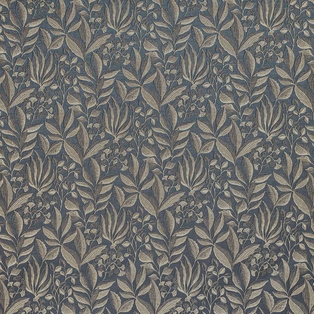 Botanical fabric with muted blue ground and pale leaf-and-flower print