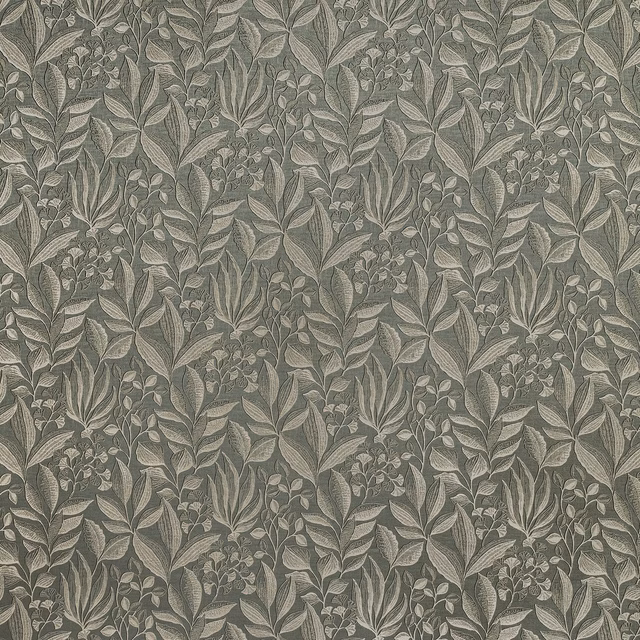 Muted sage green botanical fabric with layered leaves and small floral clusters