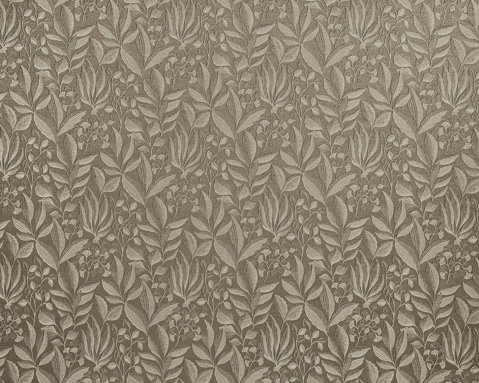 Taupe botanical drape fabric with trailing leaves and berries in soft linen tones