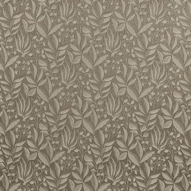 Taupe botanical drape fabric with trailing leaves and berries in soft linen tones