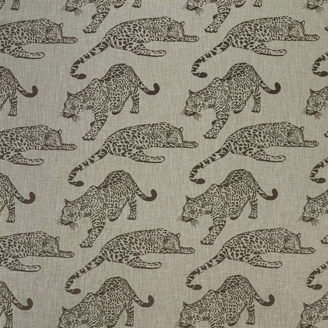 Beige drapery fabric with tonal leopard cats and a linen-look weave