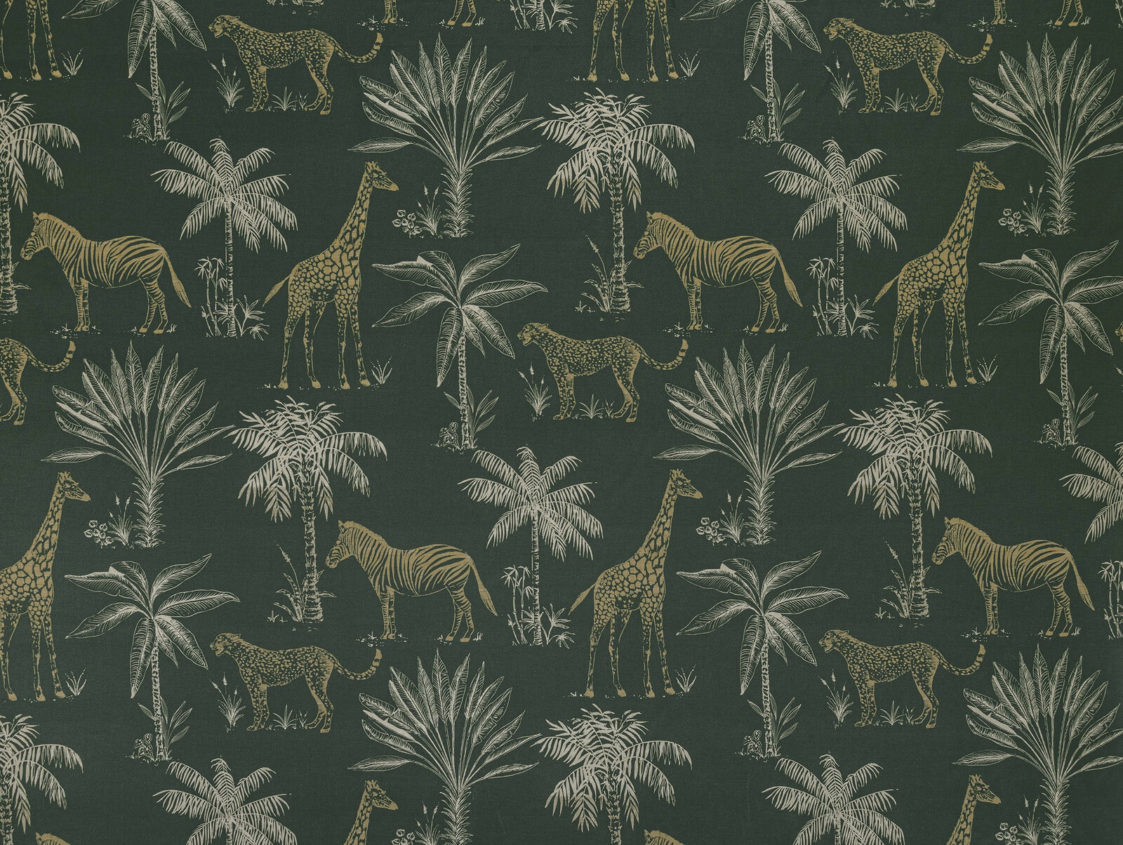 Deep forest green safari fabric with giraffes, zebras, leopards and palms