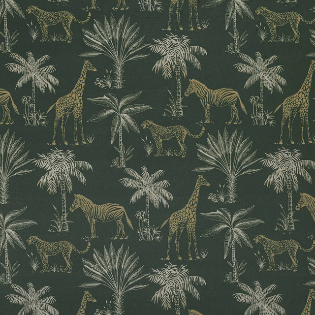Deep forest green safari fabric with giraffes, zebras, leopards and palms
