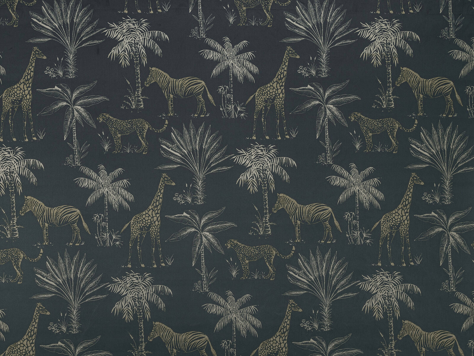 Dark teal printed fabric with safari animals and palms in muted gold tones