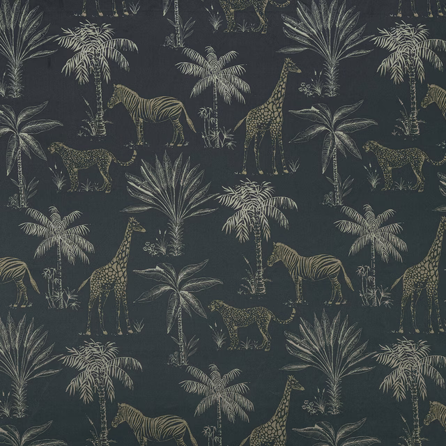 Dark teal printed fabric with safari animals and palms in muted gold tones