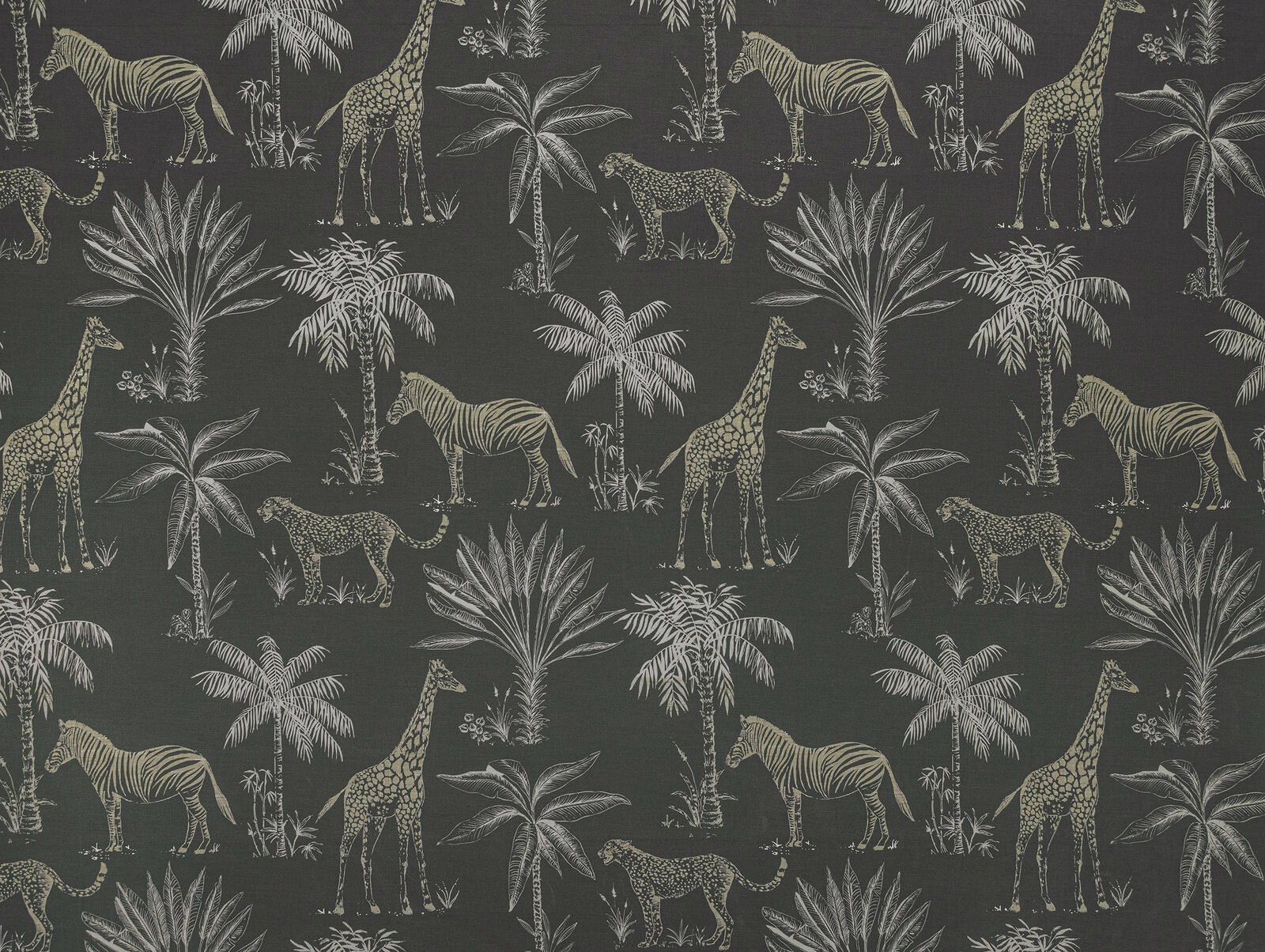 Charcoal slate safari fabric with pale zebra, giraffe, palm and leopard motifs