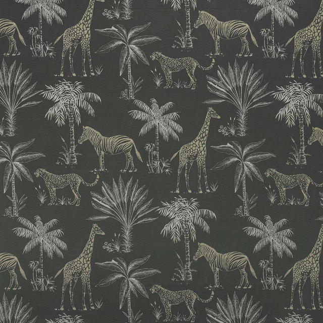 Charcoal slate safari fabric with pale zebra, giraffe, palm and leopard motifs