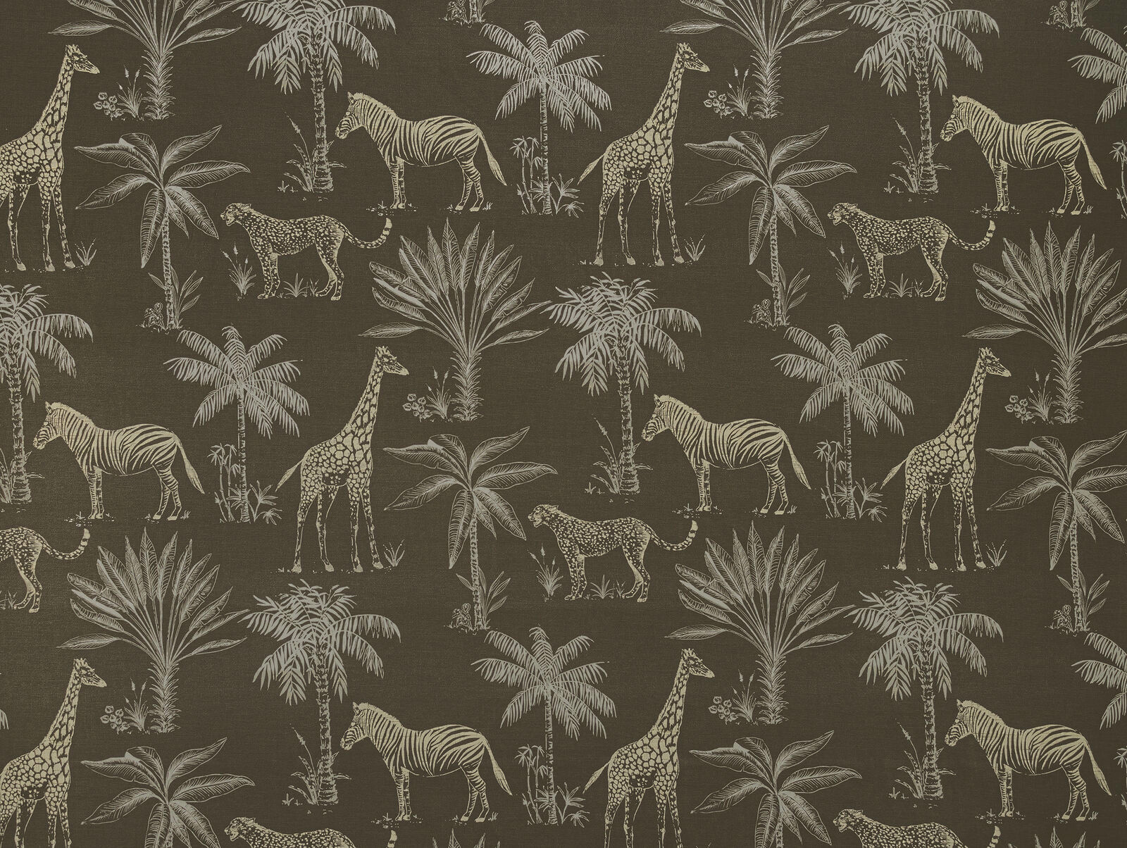 Truffle brown safari fabric with giraffes, zebras, leopards and palms