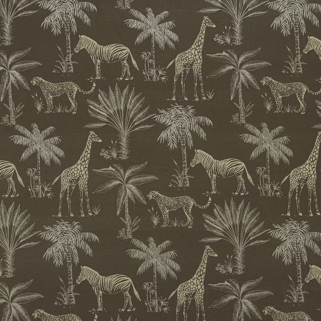 Truffle brown safari fabric with giraffes, zebras, leopards and palms
