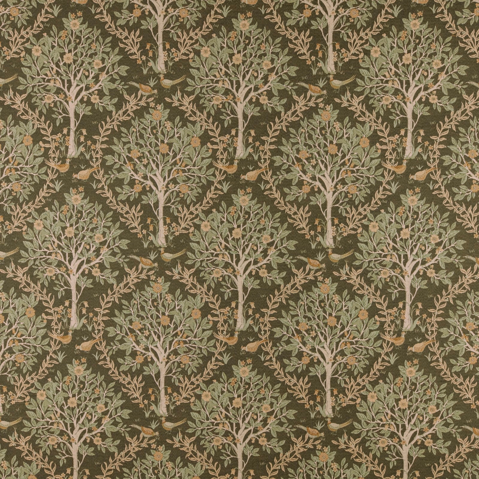 Repeating woodland tree motif on deep forest green fabric with soft sage leaves
