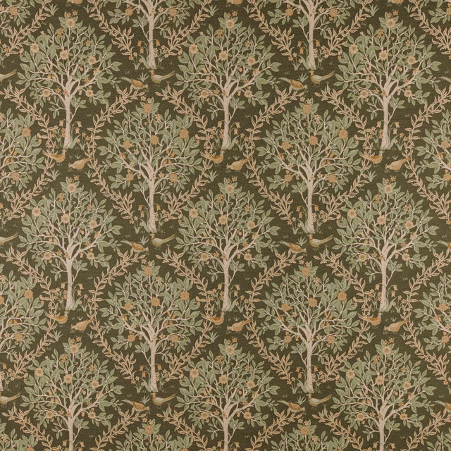 Repeating woodland tree motif on deep forest green fabric with soft sage leaves