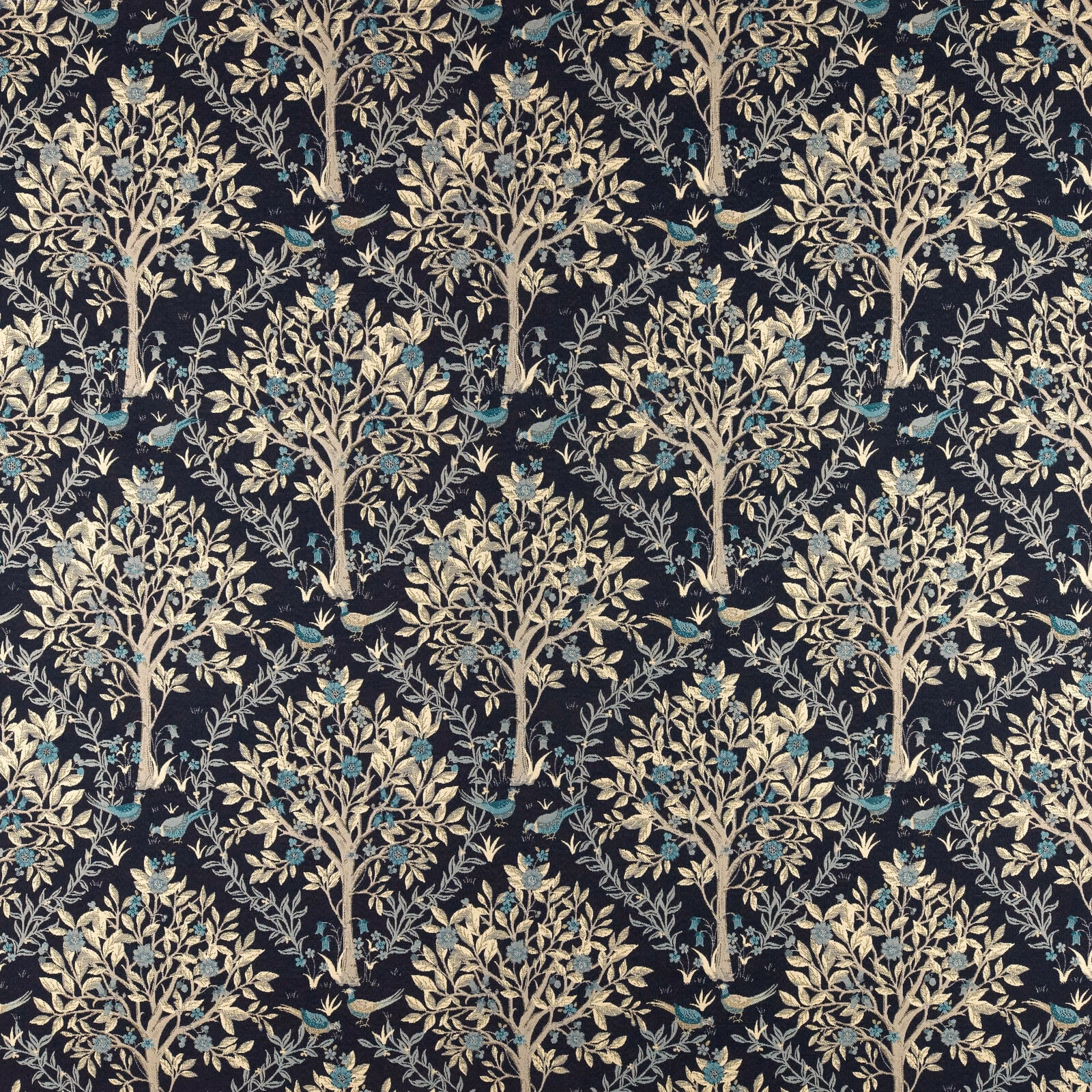 Dark navy fabric with repeating tree motif in beige and teal