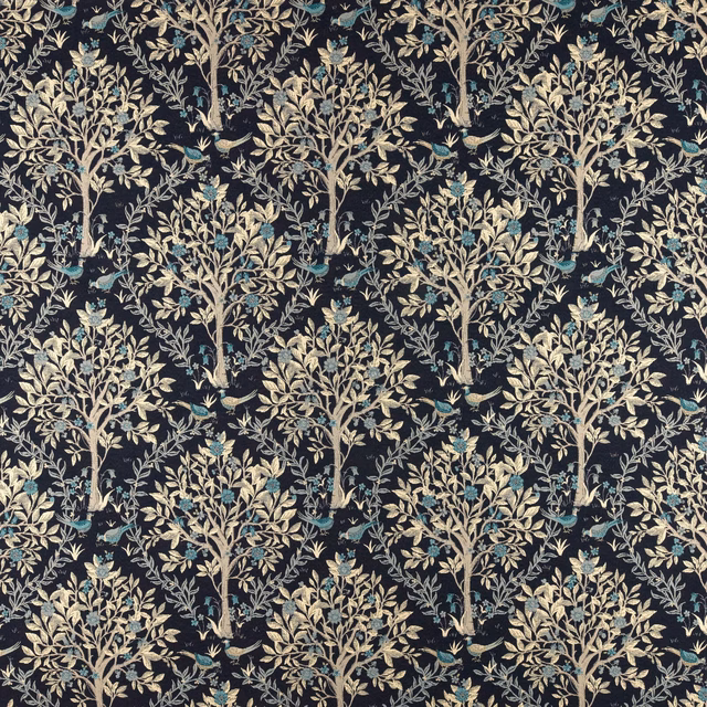 Dark navy fabric with repeating tree motif in beige and teal