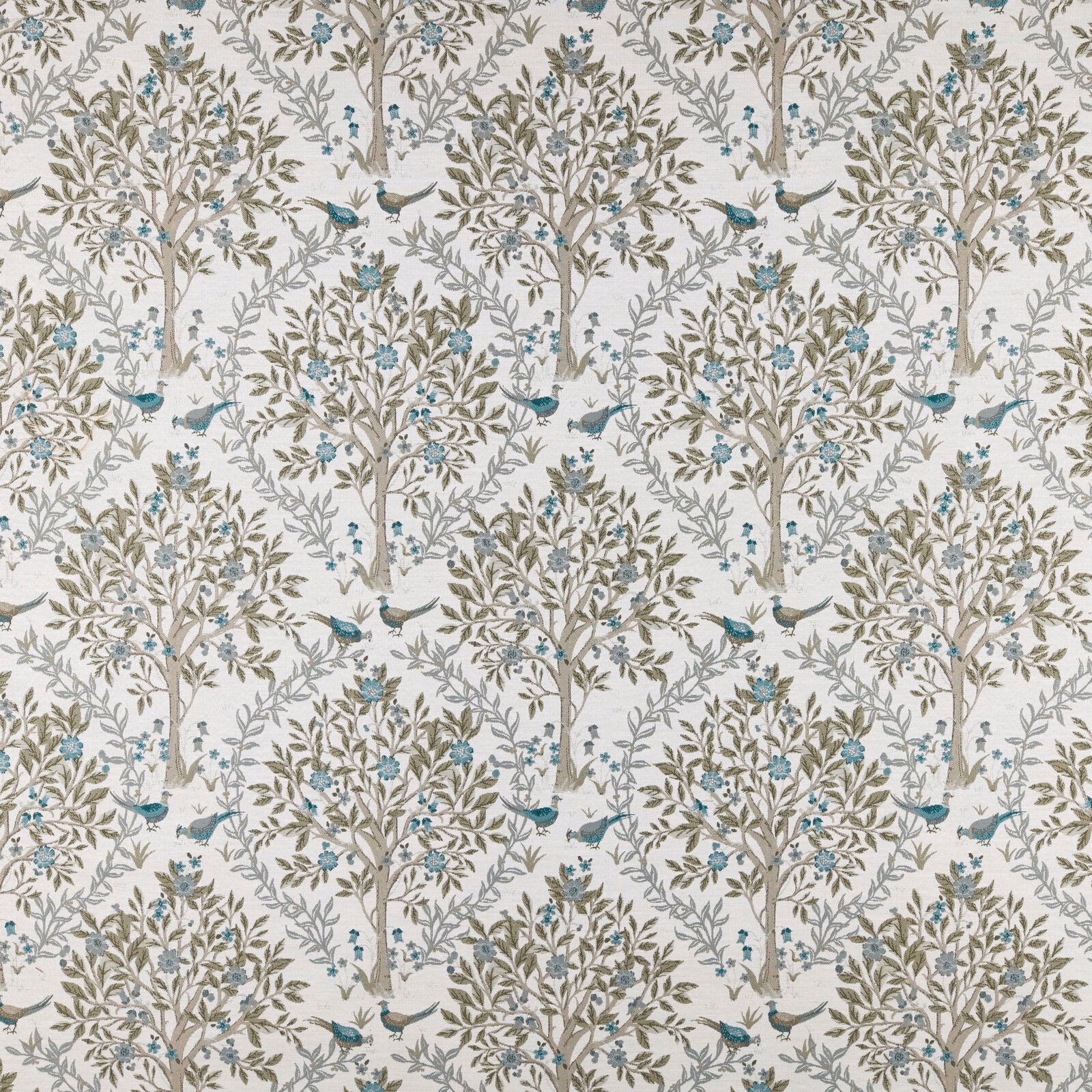 Pale treescape fabric with teal birds, sage leaves and small floral sprigs