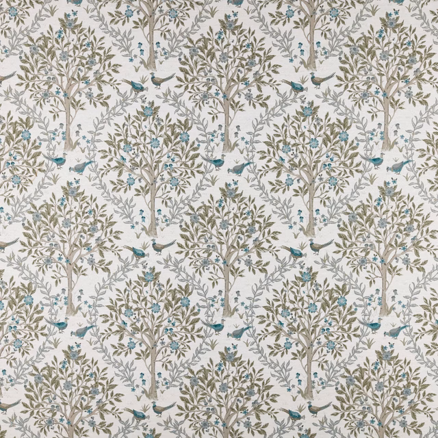 Pale treescape fabric with teal birds, sage leaves and small floral sprigs