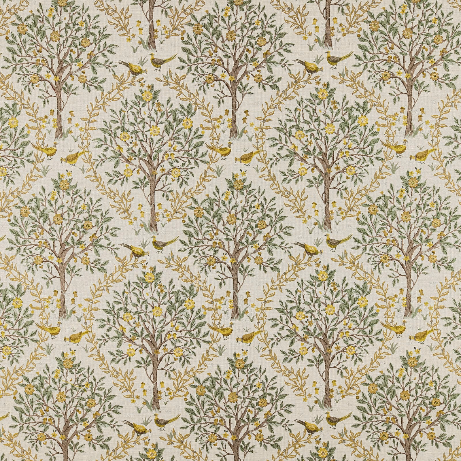 Cream fabric swatch with lemon tree-and-bird print in green and brown