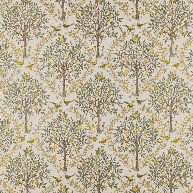 Cream fabric swatch with lemon tree-and-bird print in green and brown