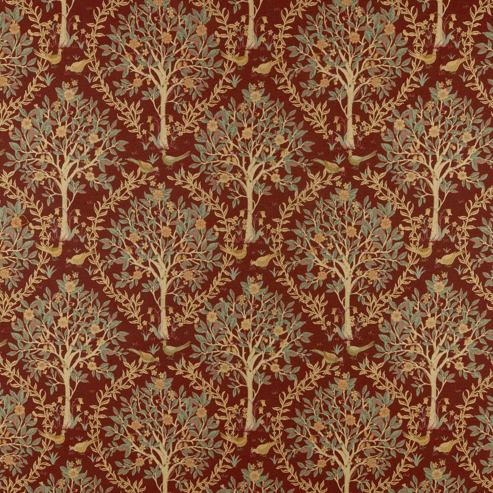 Deep merlot red fabric with repeated pale tree motifs and leafy branches