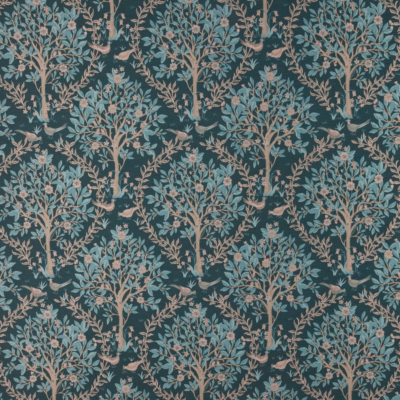 Peacock teal fabric with repeated tree motif in blush and aqua tones
