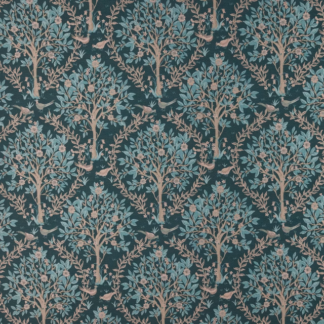 Peacock teal fabric with repeated tree motif in blush and aqua tones