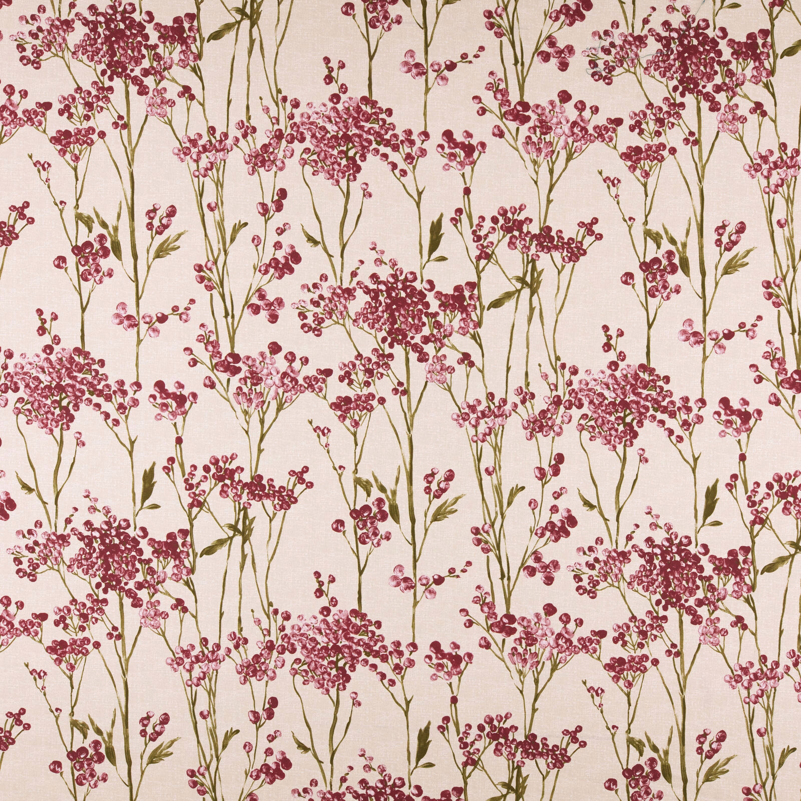 Cream cotton floral fabric with cranberry berry clusters and olive stems
