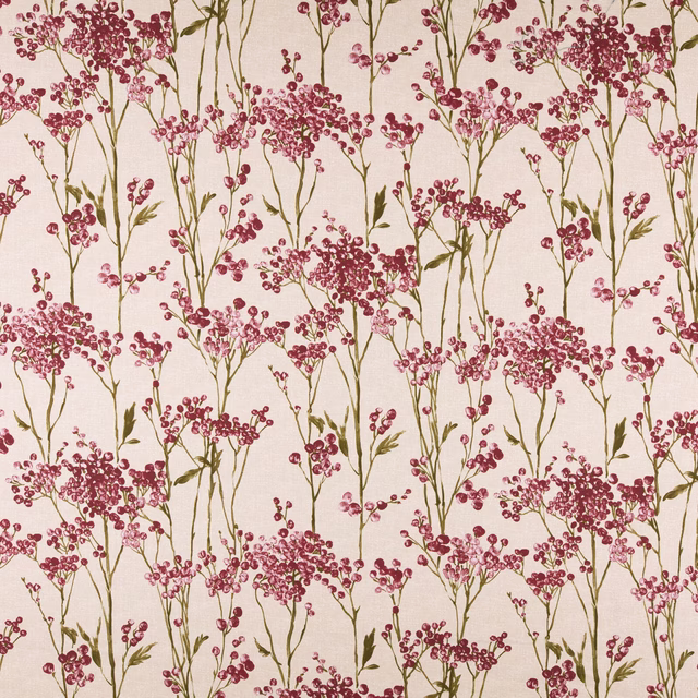 Cream cotton floral fabric with cranberry berry clusters and olive stems