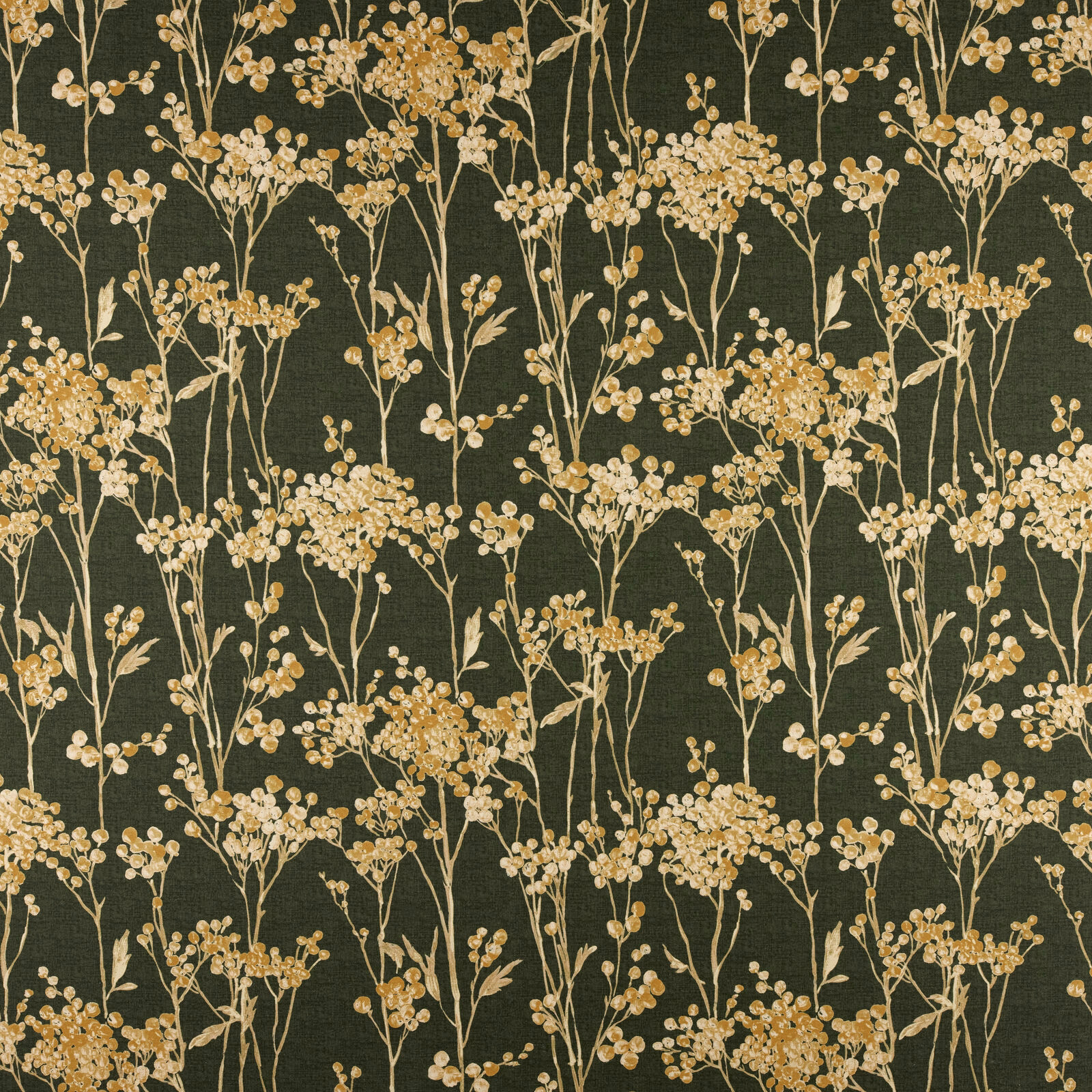 Dark forest green cotton fabric with pale botanical stems and golden blossom