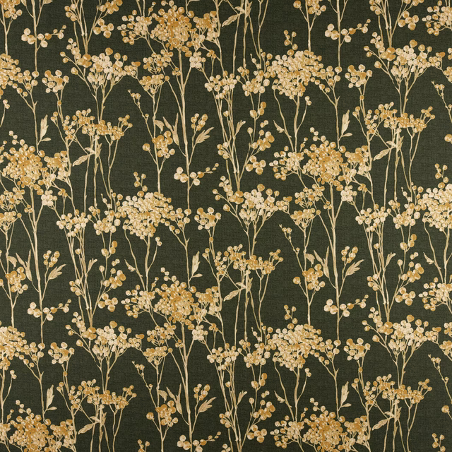 Dark forest green cotton fabric with pale botanical stems and golden blossom
