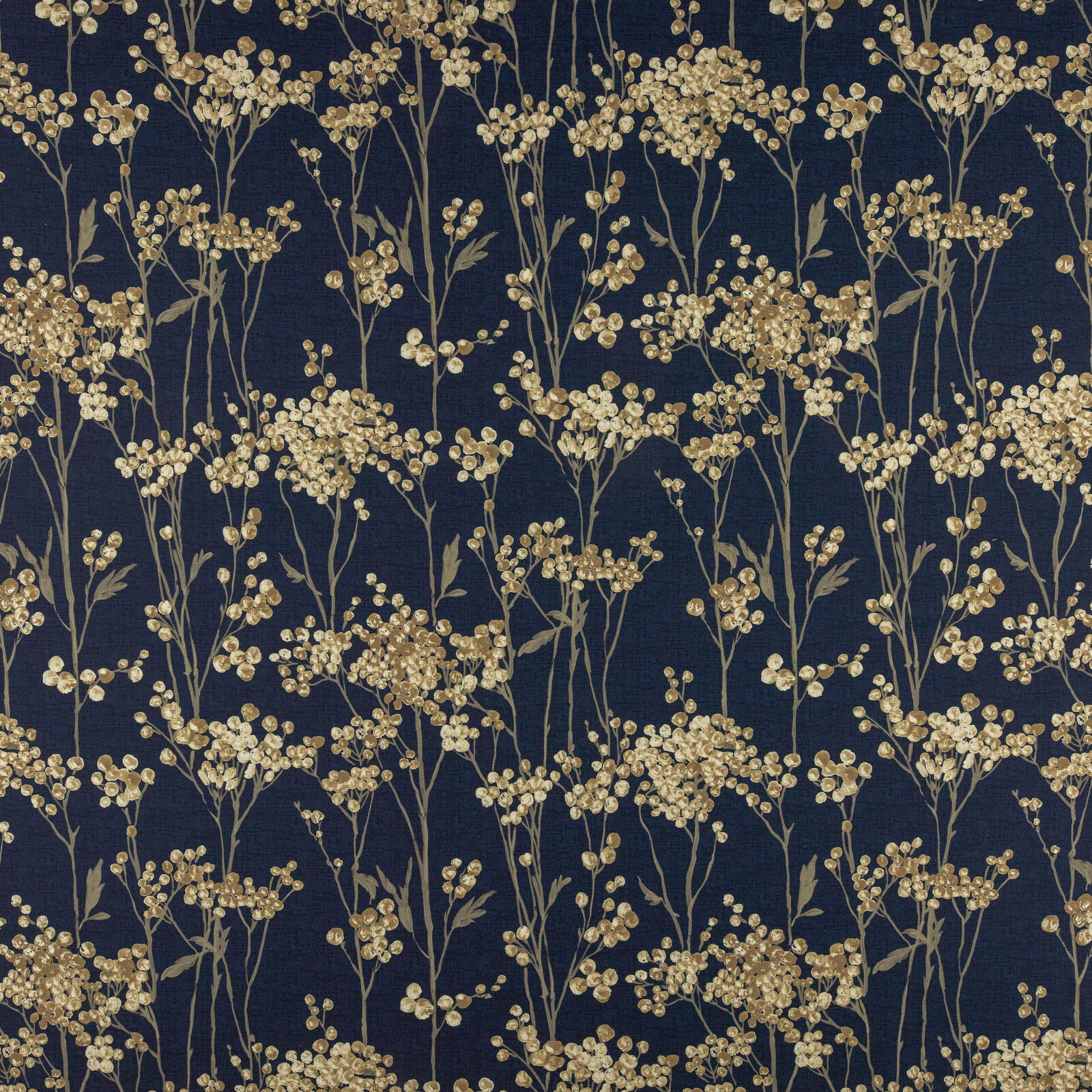 Dark navy cotton fabric with scattered gold botanical stems and seed heads