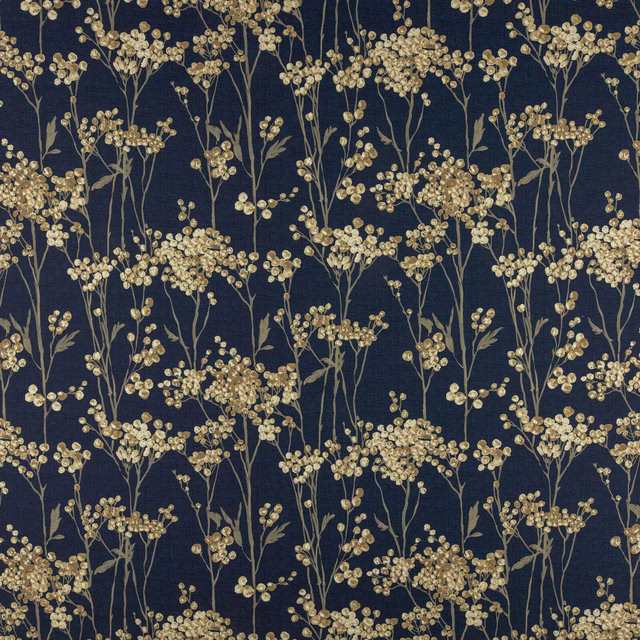 Dark navy cotton fabric with scattered gold botanical stems and seed heads