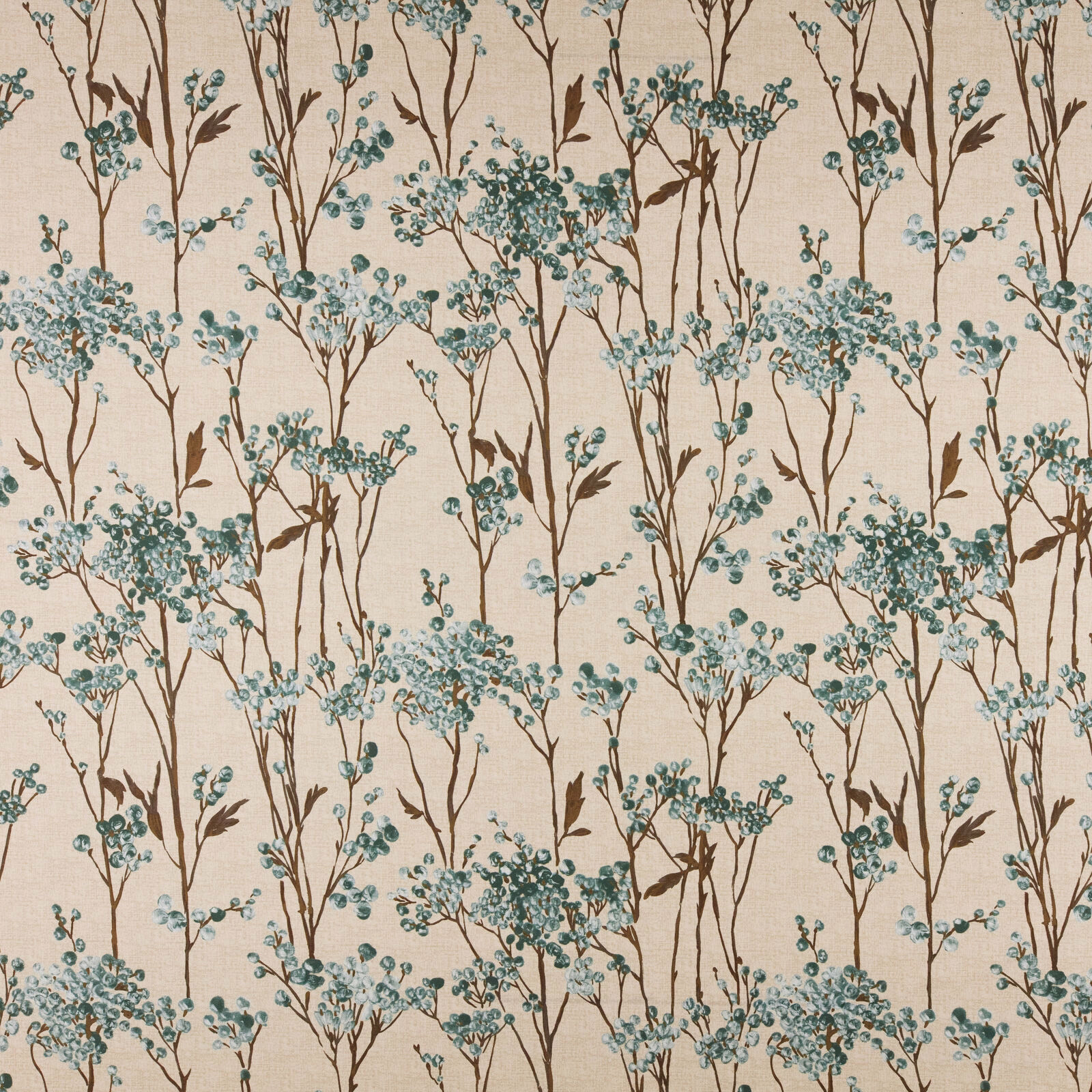 Cream cotton fabric with brown twig stems and teal berry clusters