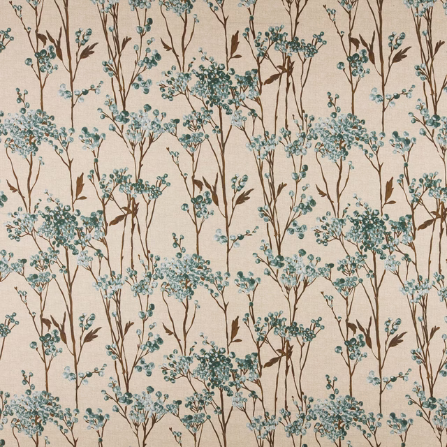 Cream cotton fabric with brown twig stems and teal berry clusters
