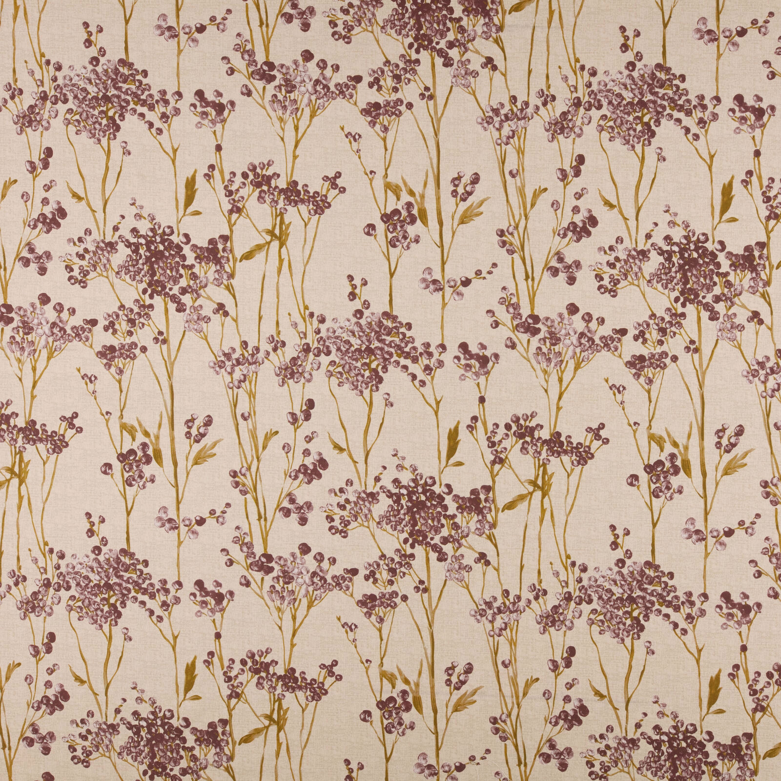 Ivory cotton fabric with mulberry berry sprigs and gold stems