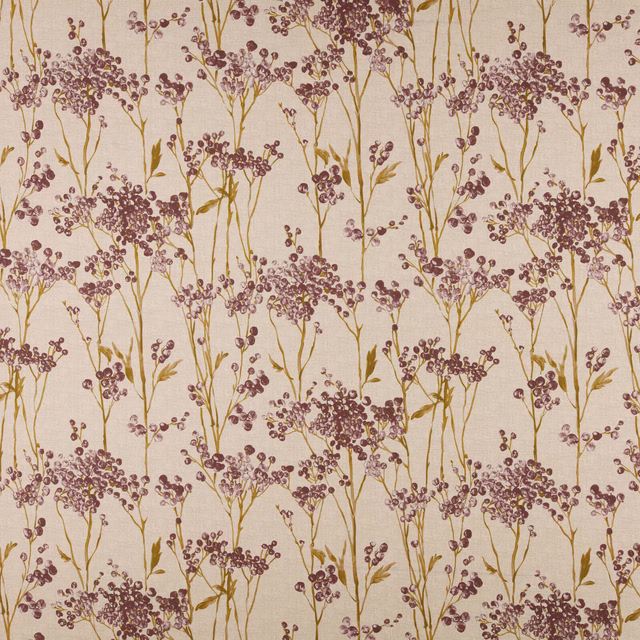 Ivory cotton fabric with mulberry berry sprigs and gold stems