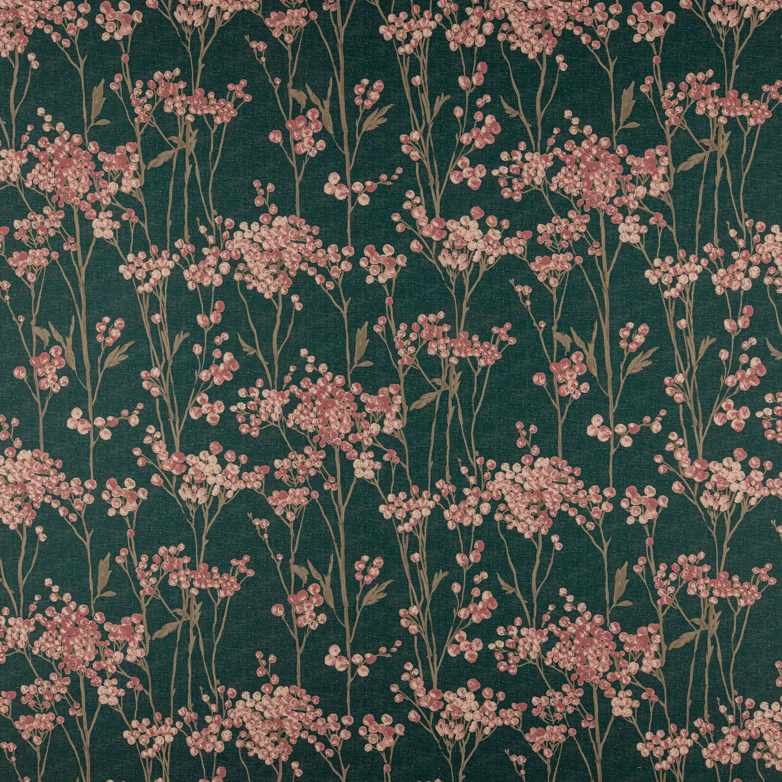 Deep teal floral cotton fabric with pink blossom stems and botanical repeat