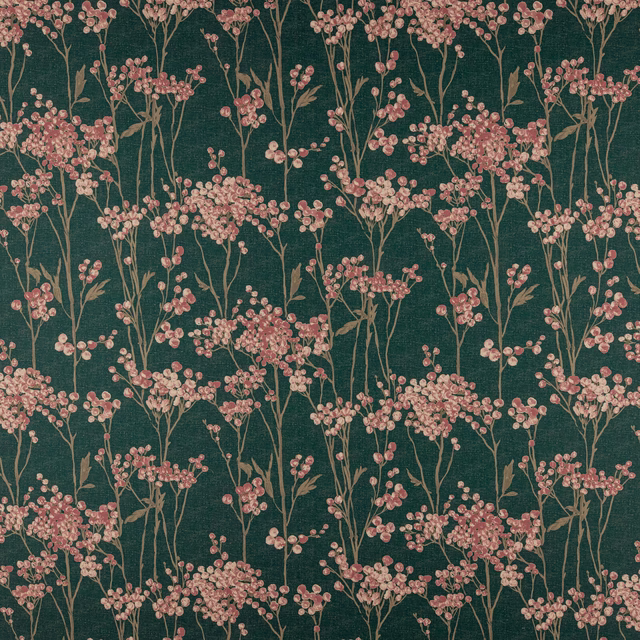 Deep teal floral cotton fabric with pink blossom stems and botanical repeat
