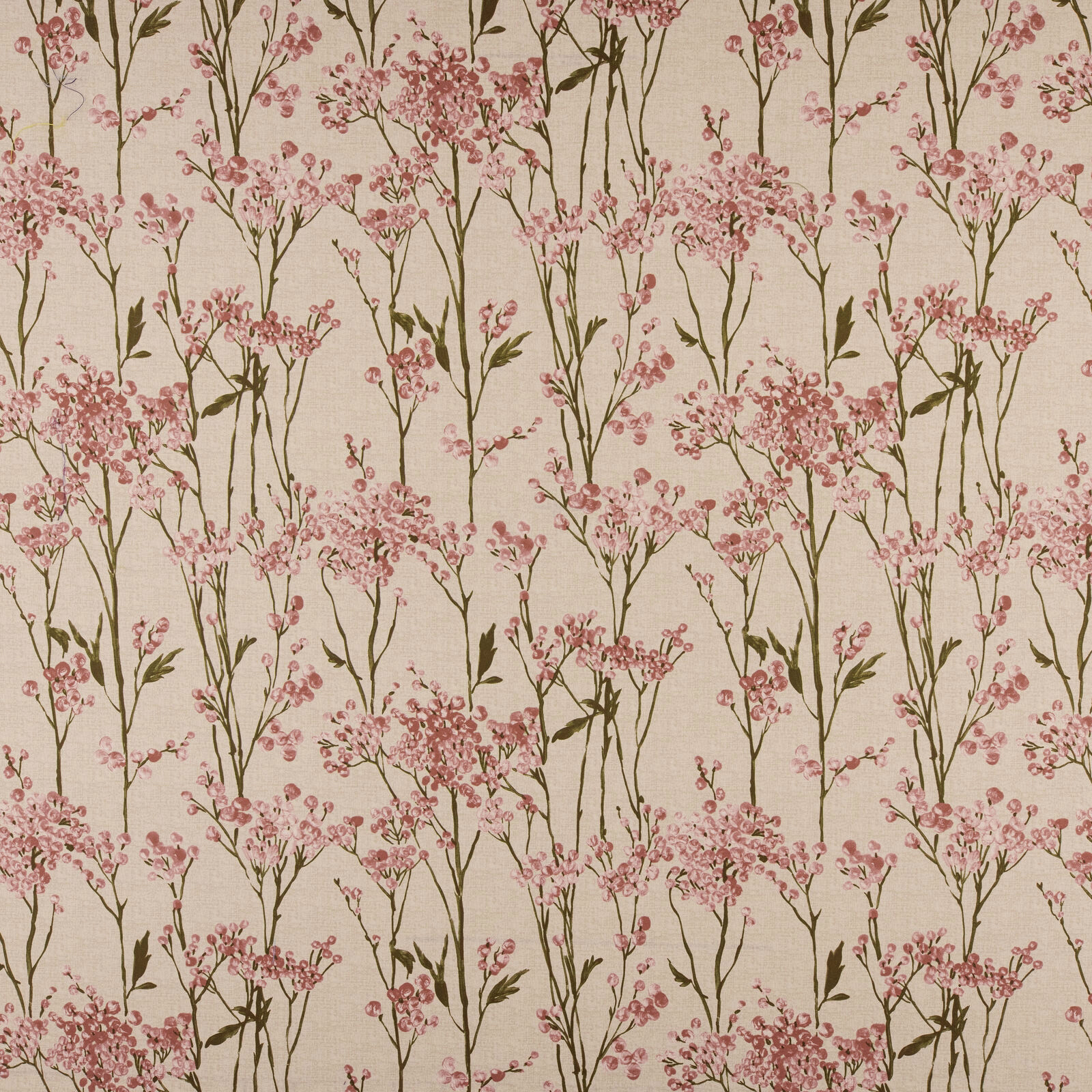 Pink blossom stems on a warm ivory cotton fabric with olive-brown branches