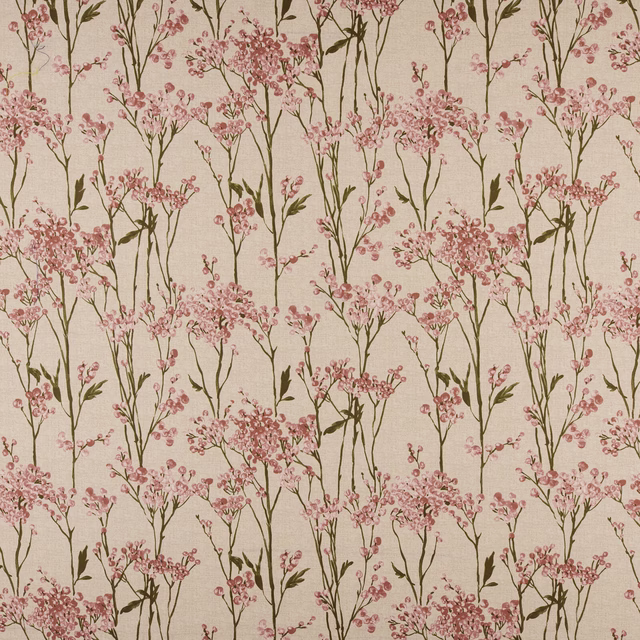 Pink blossom stems on a warm ivory cotton fabric with olive-brown branches