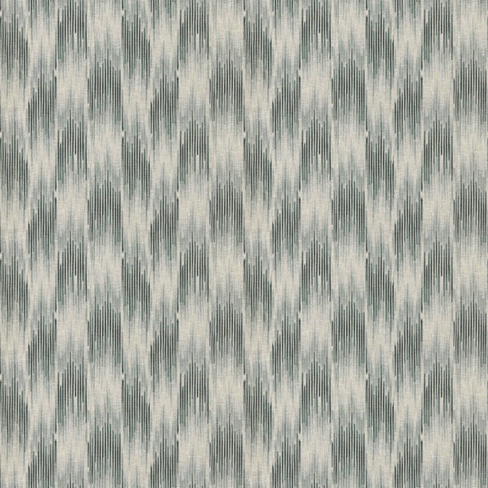Soft peacock teal ikat-style drapery fabric on a pale cream ground