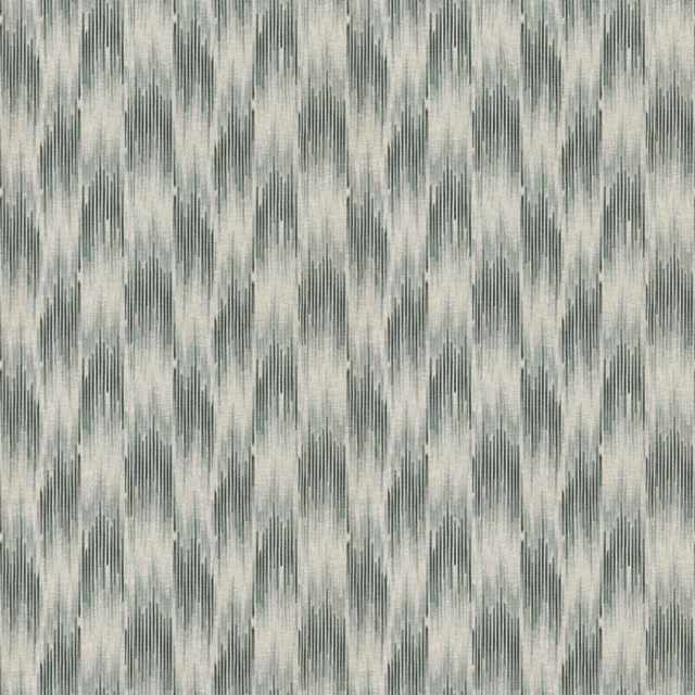 Soft peacock teal ikat-style drapery fabric on a pale cream ground