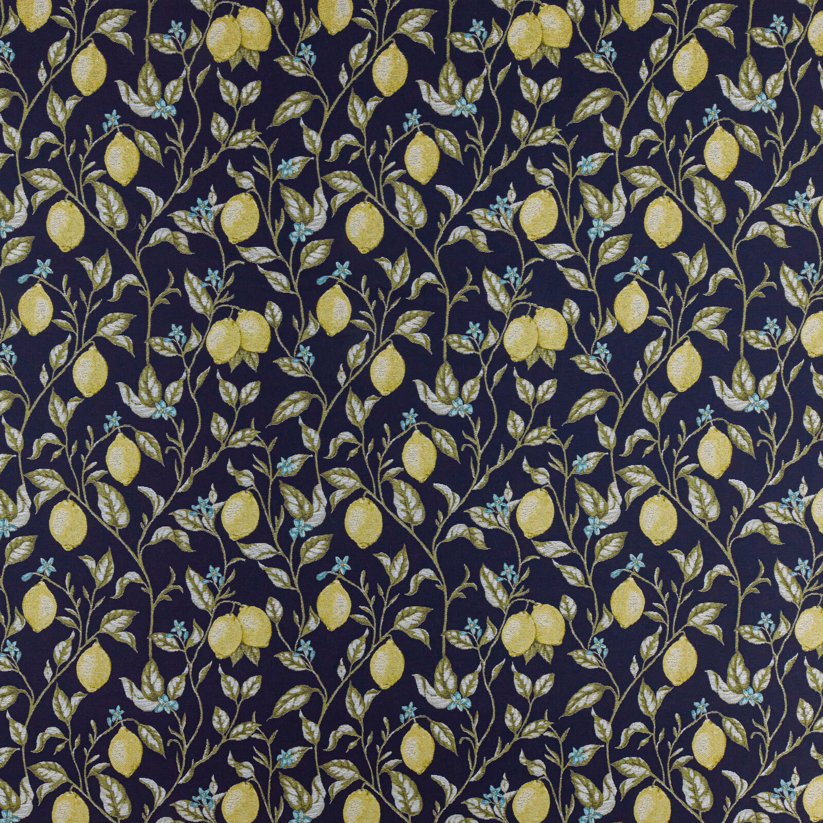 Navy botanical fabric with yellow fruit, olive leaves and small blue flowers