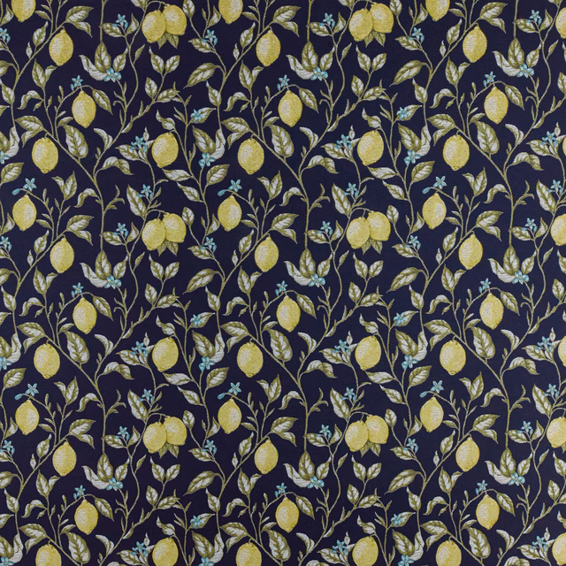 Navy botanical fabric with yellow fruit, olive leaves and small blue flowers