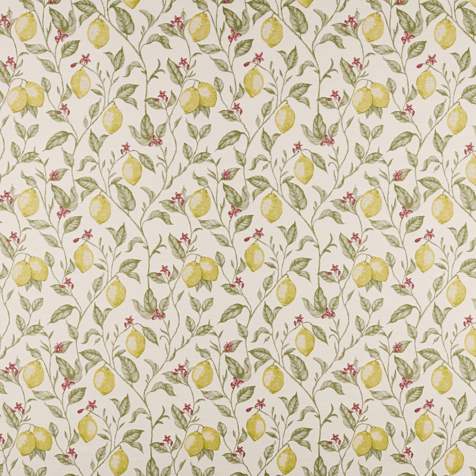 Cream fabric with trailing lemon branches, olive leaves and small pink blossoms