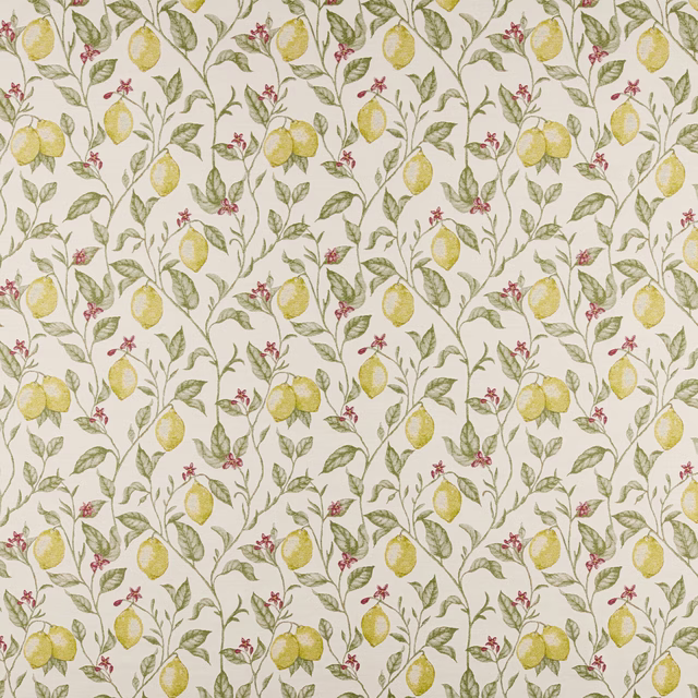 Cream fabric with trailing lemon branches, olive leaves and small pink blossoms