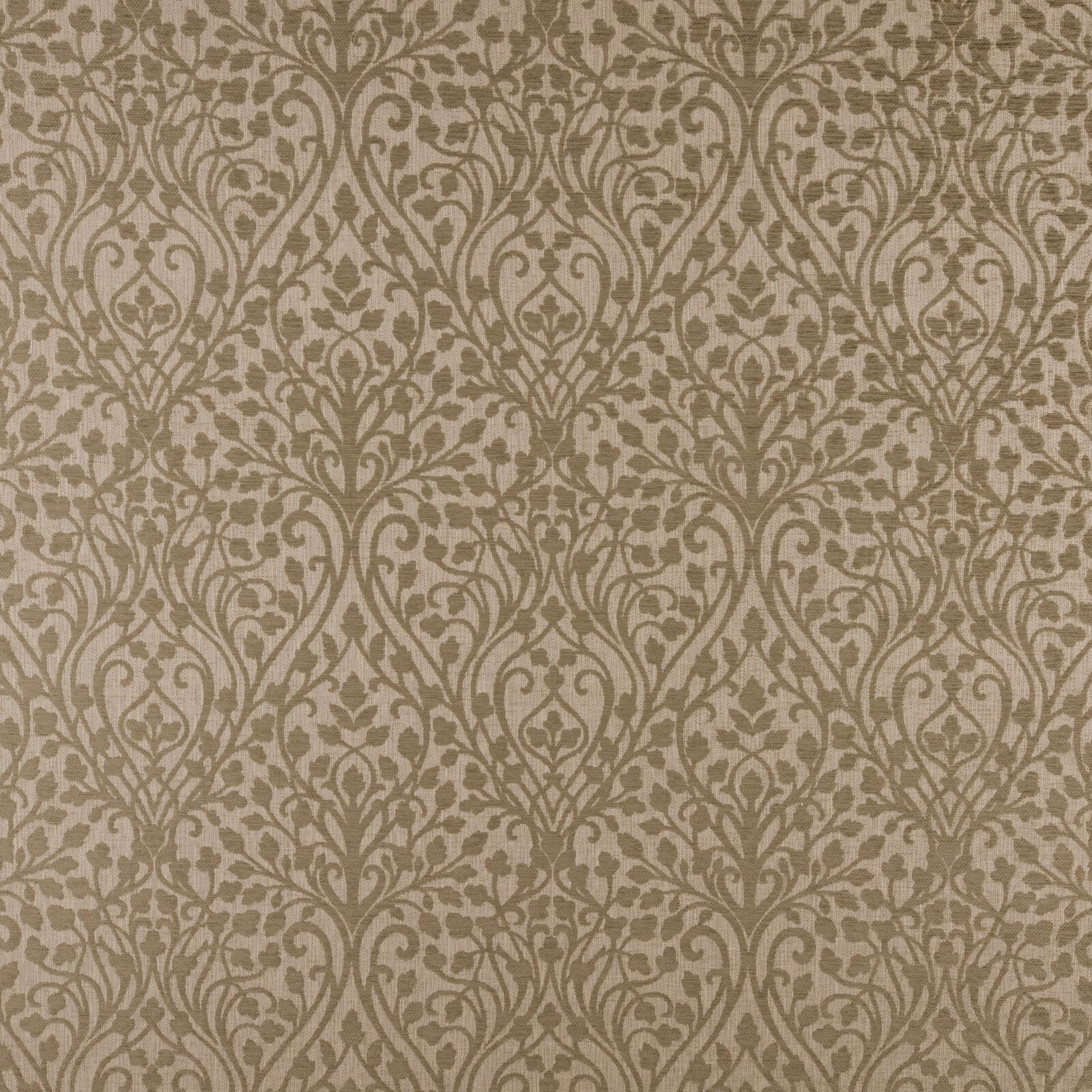 Fawn and taupe damask fabric with ornate scroll pattern on a light ground
