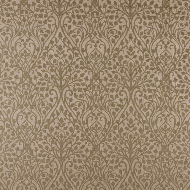 Fawn and taupe damask fabric with ornate scroll pattern on a light ground