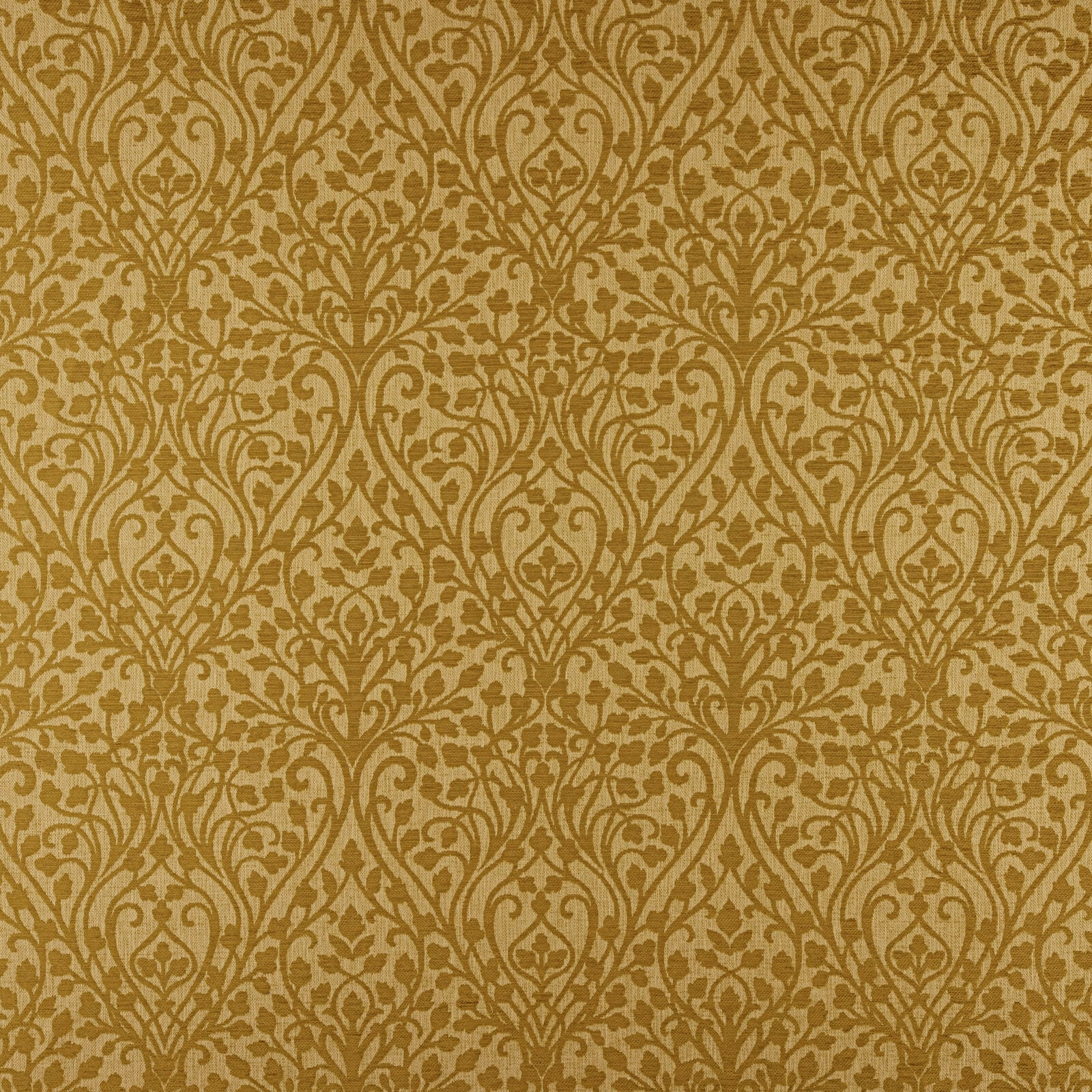 Warm antique gold damask fabric with ornate repeating scrollwork