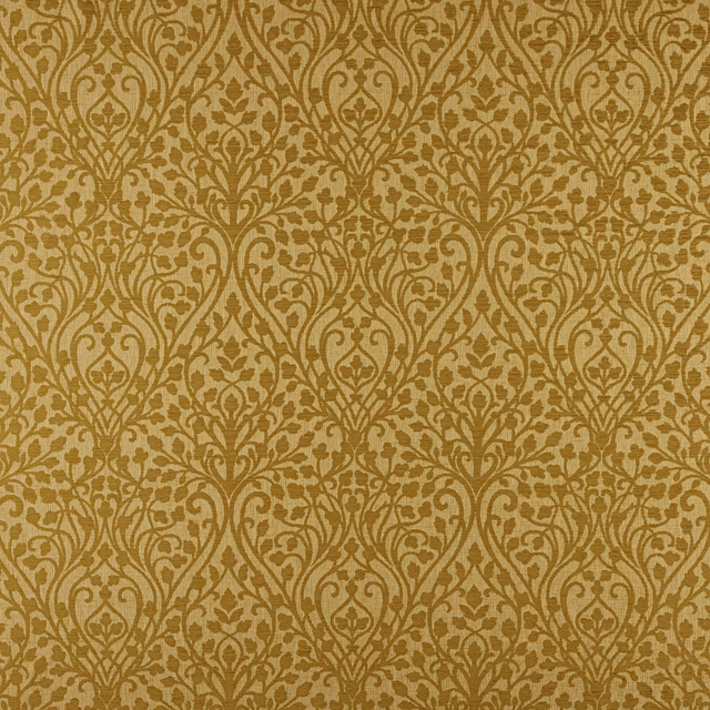 Warm antique gold damask fabric with ornate repeating scrollwork