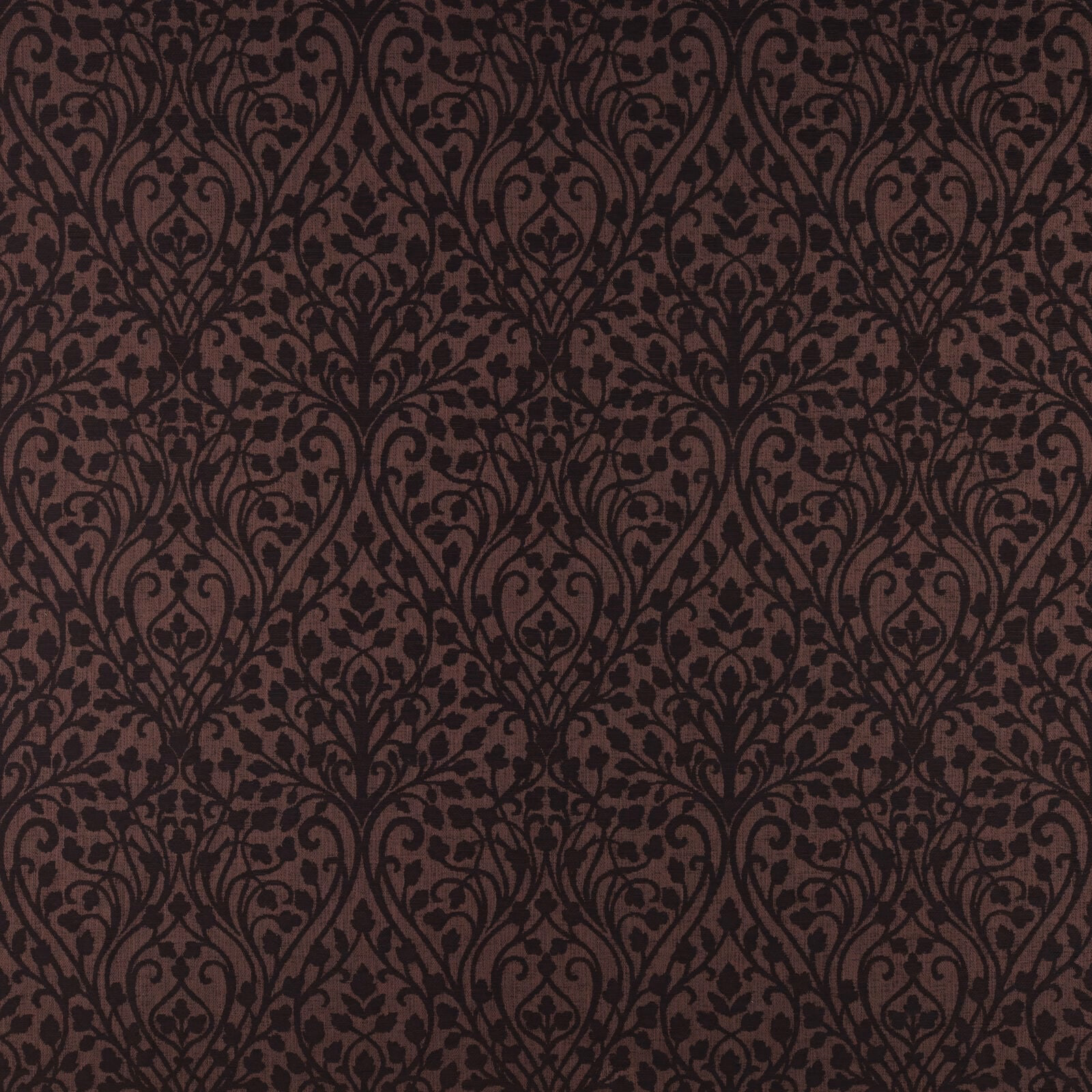Deep maroon damask fabric with dark scrolling floral motif on a woven ground